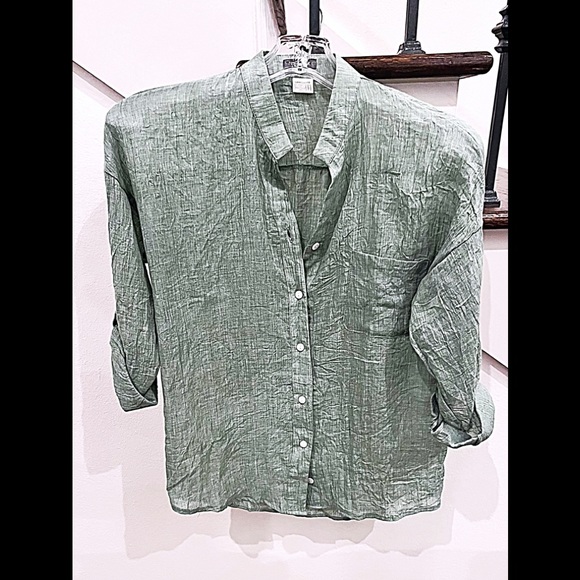Mossy Green Cotton Gauze Tab Sleeve Shirt, 1 Chest Pocket, Ladies Size 4, EUC - Picture 1 of 5